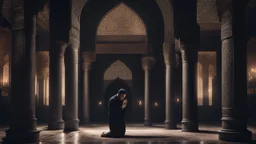 Hyper Realistic photographic view of a man praying-&-crying inside a Beautiful-Dark-Huge-black-Wall-Mosque-with-crafted-pillars-&-a-candle- with light rays from Islamic-Architecture-Windows showing dramatic-&-cinematic-ambiance at night