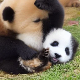 a puppy playing with a kitten and a baby panda