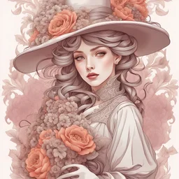 a beautiful girl in hat and with a bouquet of flowers,.intricate detail, complementary colors, fantasy concept art, 8k resolution trending on Art station. .Baroque style