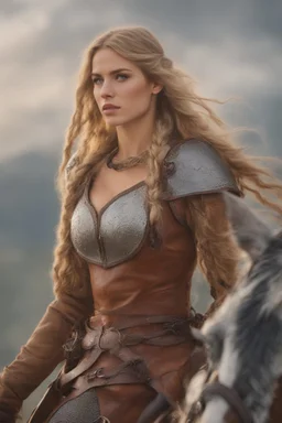 A beautiful woman with blond hair, viking braids Brown leather armor. Horse