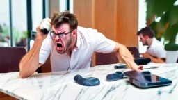 angry guy on phone at missing tabletop next to marble tabletop