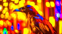 Capture a captivating image of a crow donning a punk leather jacket amidst the warm glow of Christmas yellow lights. Embrace a photography style that accentuates the festive atmosphere. Ensure the composition highlights the crow's unique presence against the backdrop of cheerful Christmas lights, creating a visually captivating scene.