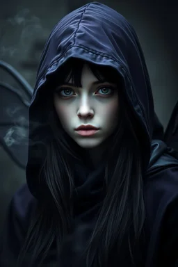 portrait a dark fairy with a pale face, long dark hair, in a dark purple shiny black hooded cloak, suggestive gaze, impressive, perfect, cold beauty, dark, sad, gothic mood, atmospheric, smoke, high detalied, high realistic, photorealistic