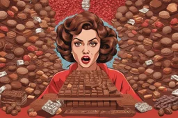 an angry (evil-woman-with-small-horns-on-her-head, beautiful-face-with-light-glowing-eyes), very-angry-looking, a man throws all kinds of chocolates, chocolate bars, bonbons, truffles in front of her from a distance