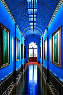 An exhibition of paintings whose walls are in the shape of an oval and made of blue glass and its floor is light with a wall in the middle of the hall to divide it into two parts with a corridor at the beginning and end of the wall and the paintings displayed are old and historical