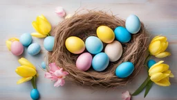 Easter background with blue and pink eggs in nest, gifts and yellow tulips. Top view with copy space