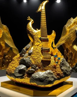 A gold fiery volcano with rock and roll music designed in Ica stones and sculptures painted by Pablo Picasso