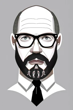 black and white,real estate agent,bald white male with thick grey beard,55 years old,metal wire frame glasses,, necktie,portly,detailed drawing,white background