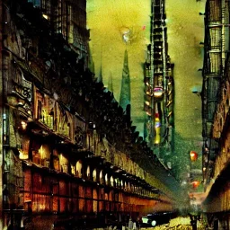 Fritz Lang Metropolis, detailed facades ,dark colours, watercolor, by john atkinson Grimshaw, detailed painting,matte painting, alphonse mucha, greg rutkowski