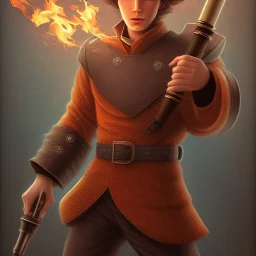 boy with fire sword, brown hair, dark blue sweater, white background