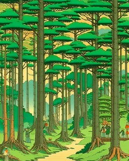 A green forest with giant trees painted by Utagawa Hiroshige