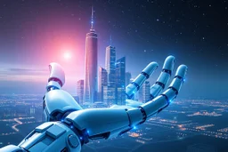 a modern city build In the open palm of robotic hand ,blue sifi ,stars in sky,