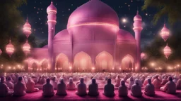 Hyper Realistic Photographic-View of lots of Muslims praying outside a beautifully-crafted-pink-mosque with garden-lamps-&-Garland-Lights with dramatic-&-Cinematic-Ambiance at night with glowing-fireflies.