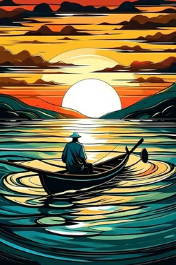 un bote en el medio de un rio con un pescador viendo el atardecer al estilo de Picasso