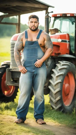 half figure photography of a burly chubby overweight muscular brazilian farmer 25 years old, sweat near a tractor, short curly hair, tattoo, big goatee, manly chest, dirty tank top and dirty boxer , hand on the fap, tank top with dirty overalls, on the door of a large barn, under the sun