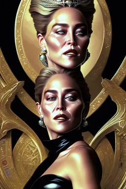 painting of Sharon Stone as evil queen in black leather gown, feminie, angry, stern look on her face, emperious, highly detailed, digital painting, artstation, concept art, smooth, sharp focus, illustration, art by gaston bussiere and alphonse mucha