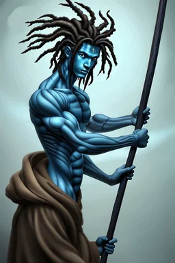 A young male water genasi with deep blue skin color, waterlike dreads on head. Shaolin monk with long stick weapon,