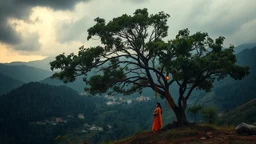 A dramatic view of The Char Dham during a monsoon, with dark clouds looming and rain cascading down the hills. A South Asian male and female seek shelter under a tree, showcasing their resilience during the storm., gold glow bright orange color palette, scandinavian vibe, diffused pale light