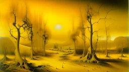 A yellow forest in a realm of light painted by Salvador Dali
