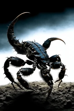 Black emperor Scorpio emblem on a burning landscape background With its Tail curled up behind his back ready to strike and from claws grasping under a storming sky with blue lightening striking around it