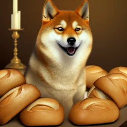 doge the shiba inu with lots of bread