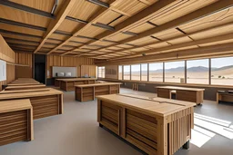 modern waste management center of wood, healthy, in the middle of atacama desert, inside view, educational center, machine