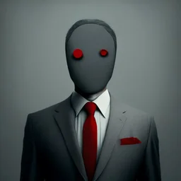 a man wearing a grey suit with a red tie who has no eyes or face