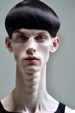 pale skin tone, black hair in a longish bowl cut with whisps in front of his ears, face is thin with high cheekbones and deep blue eyes. lean build that suggests he doesn't engage in a lot of physical activity. He is of average attractiveness with a boyish face.