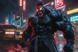 Venom Akuma in 8k Hayao Miyazaki draw style, street fighter them, neon effect, close picture, rain, highly detailed, high details, detailed portrait, masterpiece,ultra detailed, ultra quality