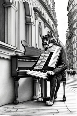 One single mature cat playing piano on the street, Vienna, friendly, model style, hyper realistic, extremely accurate, delicate, extremely detailed, Graphic novel style, wide-angle, open aperture, superfine pencil