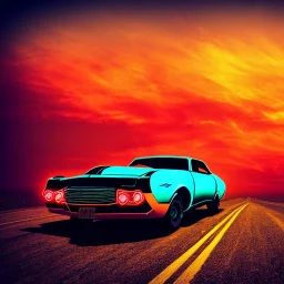 art deco, cyberpunk, neon muscle car, desert road, sunset, full colour, hd,