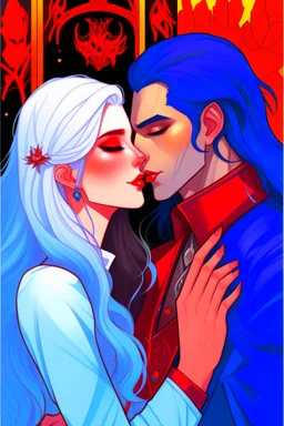 A couple from the dnd game curse of Strahd. The woman has long white hair and blue eyes, the man has LONG BLACK hair and red eyes, no facial hair. KISSING