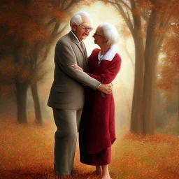 blowing leaves::woman’s pro"auto"> oil canvas of a old man and woman giving each other a hug