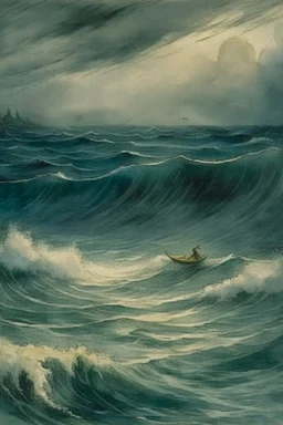 Rain and storm in an ocean with high waves , a man is swimming trying to survive, Bosch painting style