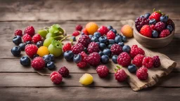 Colorful berries assortment on rustic wooden table