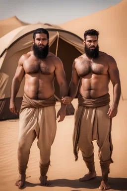 close up photography of two angry ugly brawn 30-year-old burly beefy bullneck arabs tourist guides wearing bulging traditional trousers, shirtless, big shoulders, hairy chest, manly chest, with very bushy eyebrows, photorealistic, sunlight, ambient occlusion, strong side light , near a camping tent in the desert