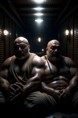 full body shot photography, two muscular chubby ugly burly marocan men , sweat, bulge, masculine hairy 54 year old man, bald, manly chest, curly beard ,big shoulders, big arms, big legs, bulge,, ambient occlusion , lying down sleeping in a steamy Sauna, super high resolution, 8k, dim light, side light, ultra hyper realistic, frontal view