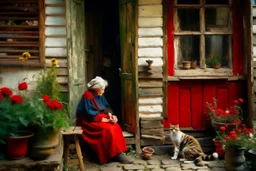 oil on roughened canvas, Textured Scumbling Technique, loose unstructured, Monet brush strokes. vintage feel. Old wooden Open housedoor with peeling paint, window next to door. An old woman with a curled sleeping cat beside her is sitting on an old tatty wooden bench. flowers, and pots. scruffy rundown pop hue of red