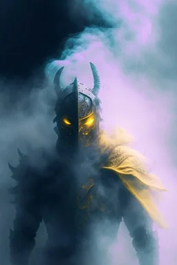 fog and smoke in a shape of humanoid and a colour of a storm with yellow eyes wearing a scalemail armor