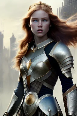 ultrarealistic, concept art, ruined city,__intricate fantasy armor__, no star, __angles__, 18 year old woman, strikingly beautiful,ginger hair, _colour_, (pale __skincolor__ skin:1.2), __camera__, _hair_, detailed face and eyes, medium breasts, fantasy theme, freckles, dynamic pose, resolved expression, __accessory__, strappy outfit, (straps:1.1), sword in scabbard on left hip, (buckles, buttons, snaps, rings:1.0), haltertop style breastplate, detailed eyes, plump lips