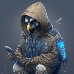 A falcon as a hacker using a hoodie, military and hacker gadgets