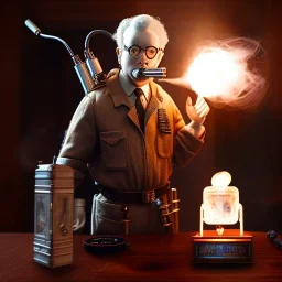 smoke bust of ghostbuster, ancient, magic,on dark wooden table with drinking glass,compass,brilliance, candelaber, dark figure in background, movie poster