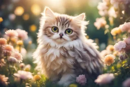 antropomorph kitten owl in a flowergarden in sunshine, ethereal, cinematic postprocessing