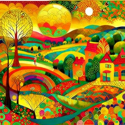 Dreamy sunset lush hilly landscape, winding river, surrealist impasto spirograph drawing, trees, abstract expressionist medieval village, featuring whimsical houses with tiled roofs, flowers, and grasses in Kintsugi-style, gold leaf overlays, intricate textures, by Susanne, in the style of Odilon Redon, Andy Kehoe, John Hoyland, and van Gogh, hints of geometric fragments.