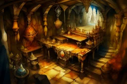 dnd, fantasy, watercolour, large strokes, stylistic, dungeon, chests full of gold, opulent, grandiose