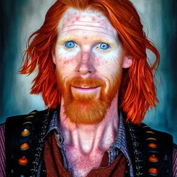 Portrait of Courtney Gains as a ruggedly handsome but joyful roguish pirate, charismatic, attractive male, masculine, perfect, precisely detailed, lightly freckled face, meticulously detailed multi-hued ginger carrot colored cherry fire red hair; Malachai of the corn; Susan Jeffers art, Jason Beam art, Clint Carney art, Jason Felix art, Zan Von Zed, DZO: Olivier, Jim Pavelec