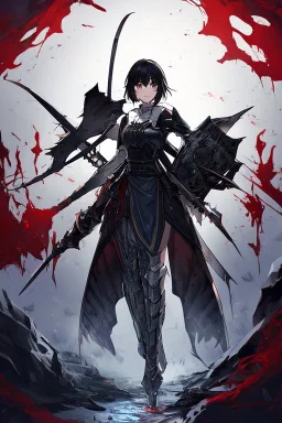 Anime girl with short black hair and sharp green eyes, holding a pike, full body black and white metal plate armour, full body shot, Dramatic lighting,1woman, soaked in blood, Warrior, standing pose, sword at the waist, close shot, lean body,