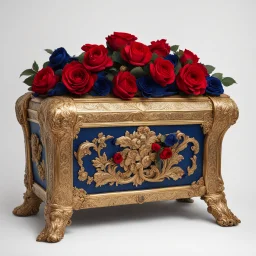 A golden antique chest with red roses and midnight blue appliqués.White background