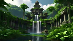 aztec lost ruins temple of jungle palms in the center of a lush garden surrounded by a band of waterfall that flows in The four rivers of fantasy art 3d realistic 8k