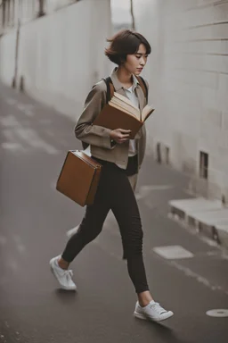 color photo of a student girl 22 years old ,short hair with her books in her hand walking in street,next to trees.